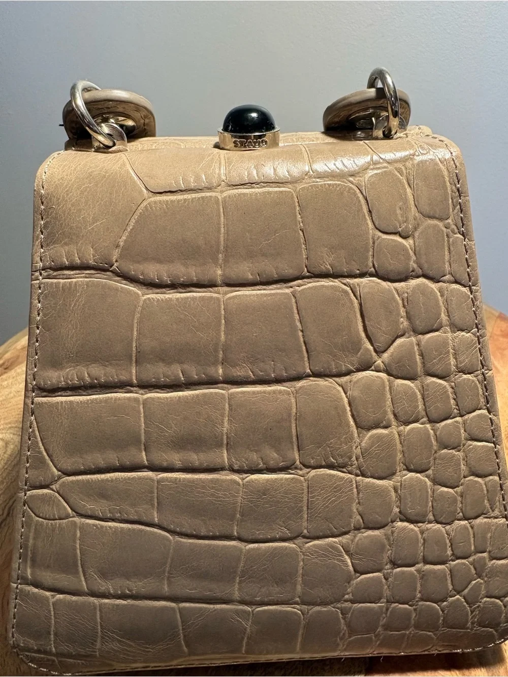 STAUD Taupe Croc-Embossed Box Clutch